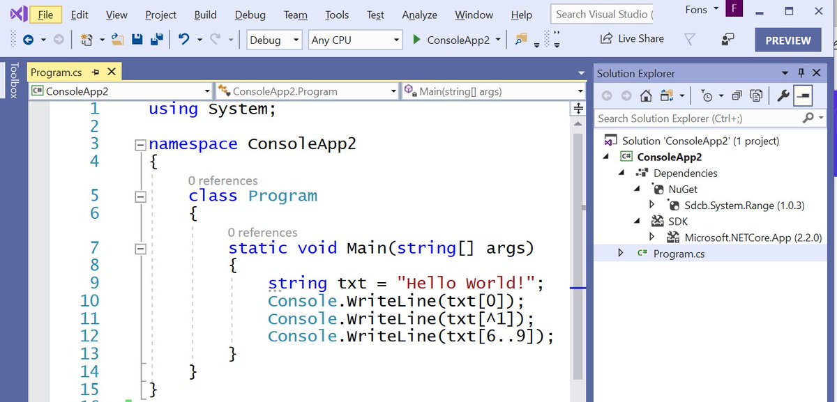 fonssonnemans's tweet image. I&apos;m trying out C# 8.0 beta using Visual Studio 2019 preview 1. Can start writing new training material. #csharp8 #VS2019