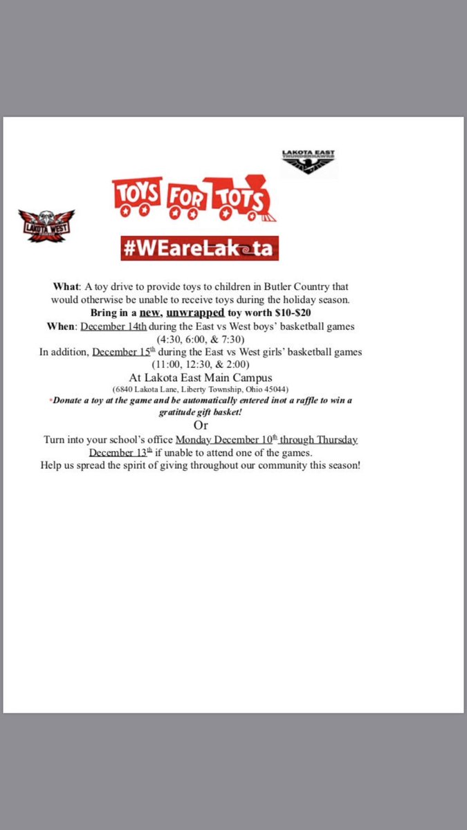 mpkrajewski's tweet photo. WE NEED YOUR HELP!! On the night of the East West basketball game (December 14 and 15) Please bring in a NEW toy that is $10-20 unwrapped. Every single donation counts!!!🎁🎁#WEAreLakota @EAST_HAWKS @eastsidehoops https://t.co/hPi4lMpYBY