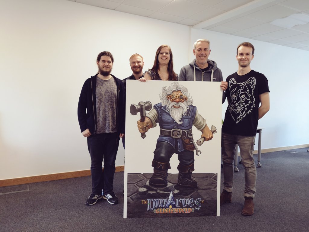 NyskoGames's tweet photo. How awesome does mini Dave look. He arrived in all his dwarf engineer glory. So it would have been rude not to get a team pic with him 😎😜⚒️👀❤️ #indiedev #gamedev #gaming #gamingcommunity #gameart #nysko #nyskogames #team #pcgame https://t.co/2ZU4obZiqv