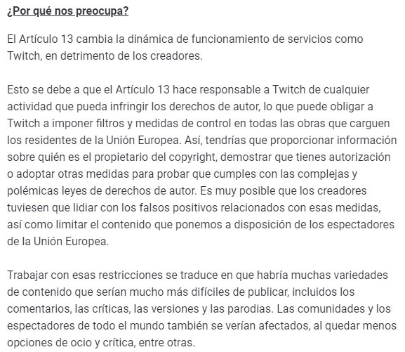 MilaLangley's tweet image. ⚠USUARIOS DE TWITCH⚠

Os ha llegado  un email sobre el Artículo 13 y cómo puede afectaros tanto streamers como viewers y a la plataforma.
Os lo dejo por aquí y difundidlo para que llegue a más personas🔁💖

NO al #Articulo13 🚫 Firma: change.org/p/european-par…

#SAVEYOURNINTERNET