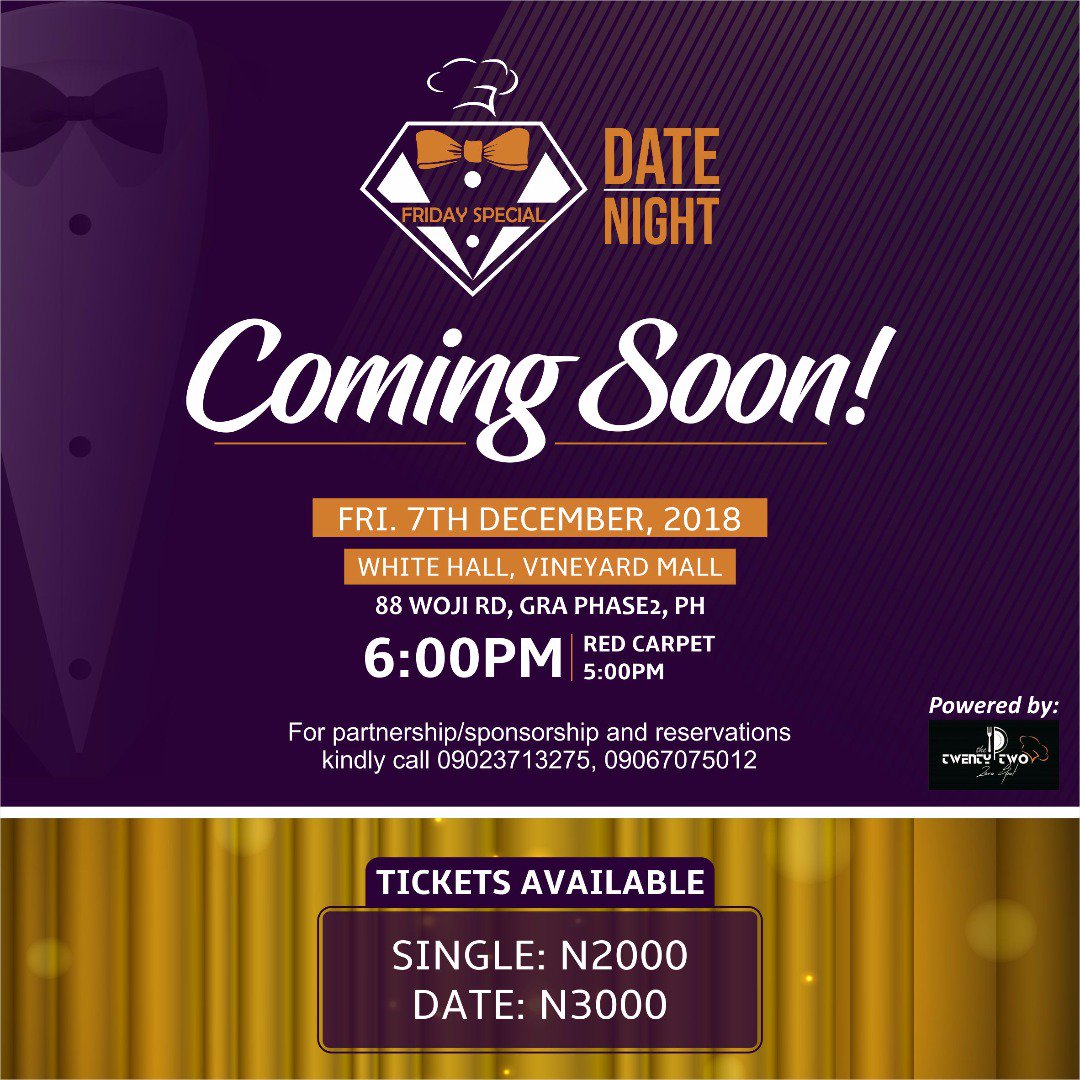TutuAbbey's tweet photo. Good music, good food, good drinks, good everything all at N2,000 for singles and N3,000 for couples! You can’t get this offer any where else #DateNight2018
@The22_0spot @22Logistics @Wills_psych @halliday_jnr https://t.co/gNMqJtxFOU