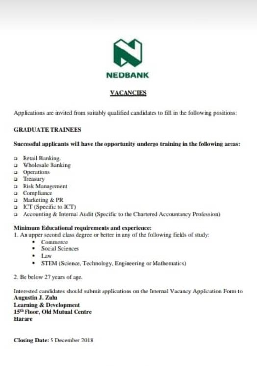 UCTAlumniZim's tweet photo. Nedbank Graduate Trainee Opportunity. Closing date 5 December. https://t.co/Ib6uaysOm2