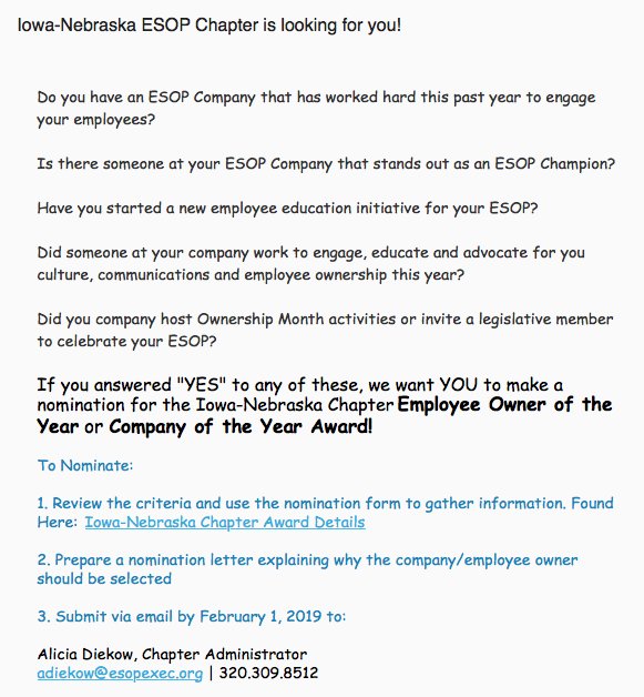It's that time of year to nominate an outstanding employee-owned company or employee-owner gallery.mailchimp.com/9d7380bacca057…