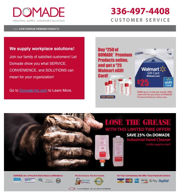 DomadeInc's tweet photo. A #double #offer that can't be beat! Save 25% on #Domade #Industrial #HandCleaner and get a $25 #Walmart #egiftcard for #Every #Online #Purchase of $250 or, more Domade Premium Products. Questions - #Contact our #CustomerSolutions hotline at 336-497-4408 https://t.co/FIrz9O0Phk https://t.co/gX10KJDPTu