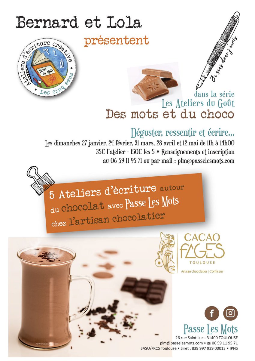 passelesmots's tweet photo. ✍️ Déguster, ressentir et écrire ✍️Bernard et Lola vous proposent 5 ateliers d'écriture créative... 11H-14H00 : 27/1, 24/2, 31/3, 28/4 et 12/5 - Renseignements et inscription au 06 59 11 95 71 ou par mail : plm@passelesmots.com ➡️Téléchargez le flyer...https://t.co/3RlWoL3EAs https://t.co/sArON3DD3q