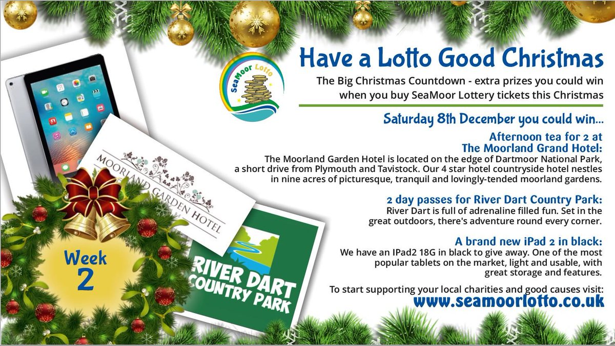 It's Week 2 of our Countdown to Christmas. Up for grabs this week there's a brand new iPad2, afternoon tea for two at the Moorland Garden Hotel and 2 day passes for River Dart Country Park! Make sure to buy your tickets before Friday midnight to be in with a chance! #Christmas