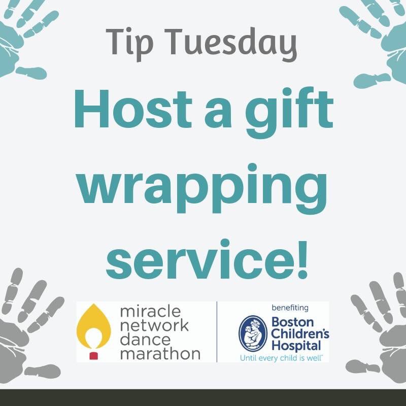 BUterrierthon's tweet photo. Happy #TipTuesday everyone! This week’s fundraising tip is to host a gift wrapping service. Wrap people’s holiday gifts in exchange for a donation to your donor drive! #ForTheKids #TerrierThon https://t.co/551hmRPmTe