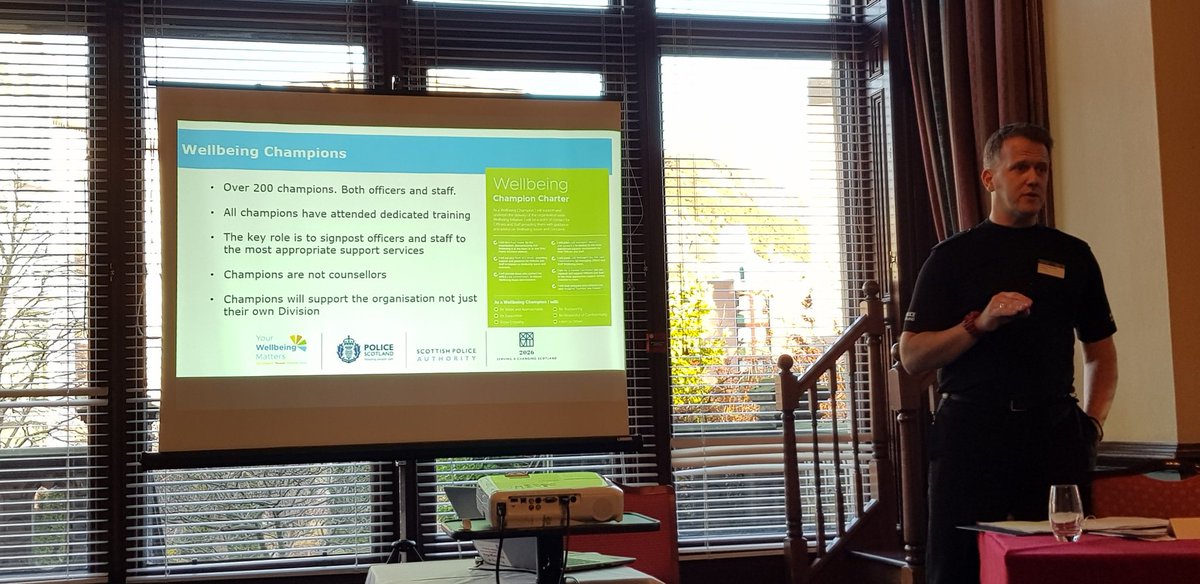 drmeganoneill's tweet photo. At #SIPC2018 Supt Ian Thomson discusses his experiences of being a #wellbeing champion and his own journey of mental health healing in @policescotland. His message: speak about your mental health. Share your experiences. Champions are there to listen. @TheSIPR https://t.co/n117pnsPTr