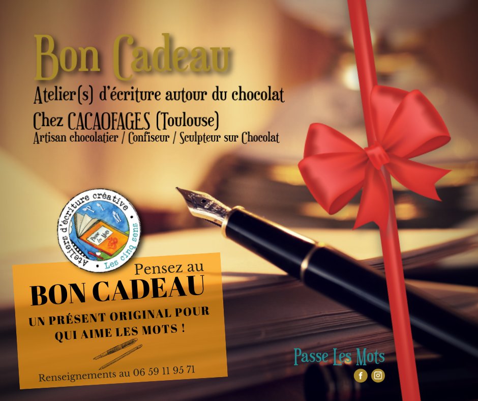 passelesmots's tweet photo. 🎄🎄 Noël approche...🎁 Pensez au BON CADEAU 🎁
✒ 🍫 Des ateliers d'écriture chez un artisan Chocolatier : Cacaofages à Toulouse.
🎅🏼 UNE IDÉE ORIGINALE POUR QUI AIME LES MOTS 😍
Té. 06 59 11 95 71 ou plm@passelesmots.com
➡️Téléchargez le flyer...https://t.co/3RlWoL3EAs https://t.co/dB6eq6yBZh