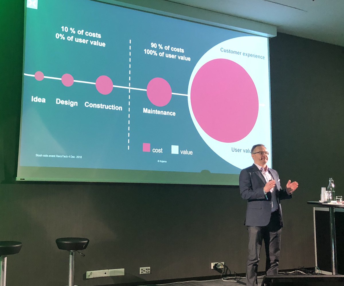 mthamala's tweet image. #RealEstate companies should focus on the use/maintenance phase: 100% of user value and 90% of cost happens there. @TeemuSuila from @kojamofi #cx #Recotech18 #Slush18