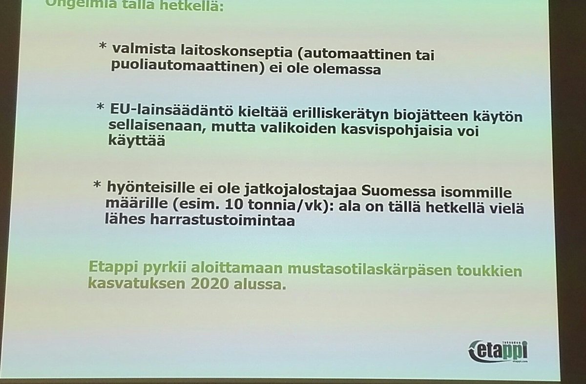 Jarkko_Niemi's tweet photo. Hyönteisten hyödyntäminen jätteenkäsittelyn prosesseissa kiinnostaa, mutta asiassa on myös omat haasteensa. @LakeudenEtappi Antero Backlund kertoo näkäkulmasta #ENTOLAB seminaarissa https://t.co/WjUzaitWnH