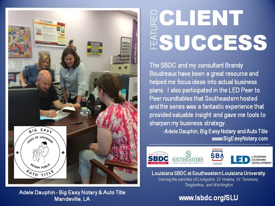 Check out our featured client, Adele Dauphin with Big Easy Notary and Auto Title.  Adele recently completed our 10 month Peer to Peer Roundtables sponsored by <a href="/LEDSmBusiness/">LED Small Business</a> <a href="/LEDLouisiana/">Louisiana Economic Development</a> Congrats!  We are excited to see your progress and growth!