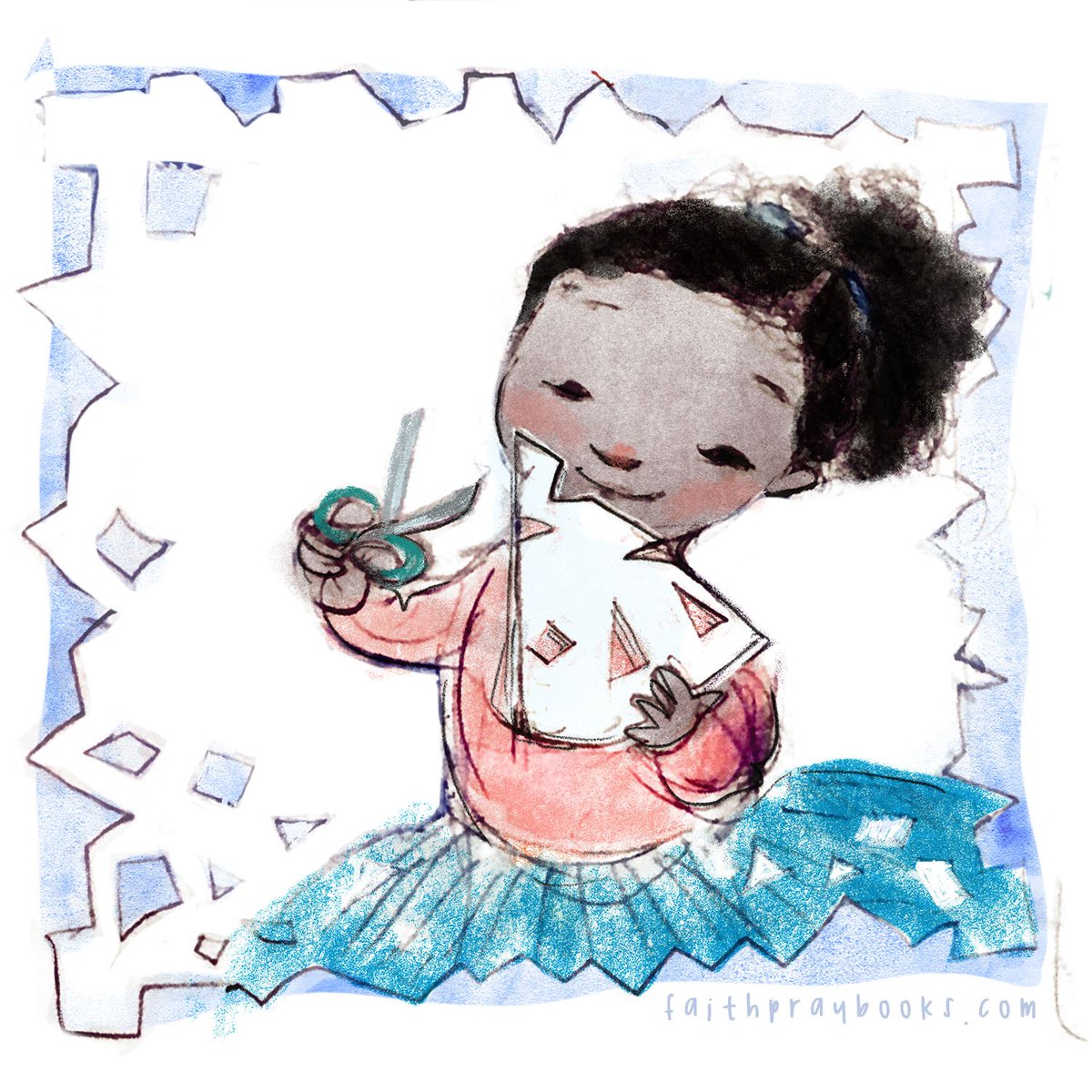 faithpray7's tweet photo. Day 4: Bea really, really wants it to snow, so she gets out paper &scissors. Snip. Paper wedges drift to the floor. almost like snow. The hardest part is knowing when to stop cutting. Maybe Bea's snowflakes will give the sky a hint! #illo_advent #illoadvent2018 #kidlitart https://t.co/CtTcdHadxm