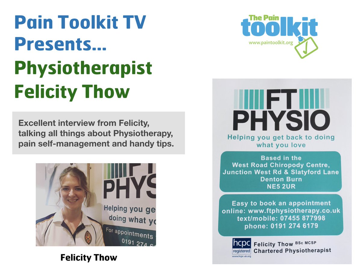 paintoolkit2's tweet photo. Pain Toolkit TV Interview with Physiotherapist, Felicity Thow
Excellent interview from Felicity, talking all things about Physiotherapy, pain self-management and handy tips.
https://t.co/27Do9k6qT3 via @felicitythow #painrevolution #paincloud https://t.co/abm0PfuPKH
