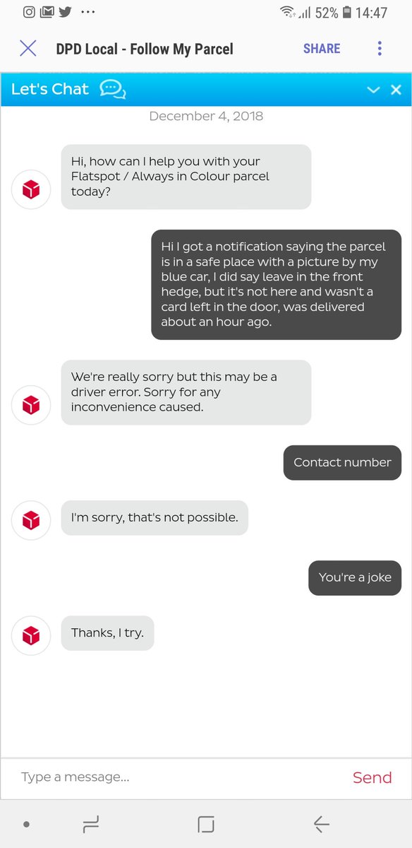 TheRealNevzz's tweet photo. @DPD_UK utter joke of a company... great live chat you've got there guys https://t.co/wdVKfNW4S3
