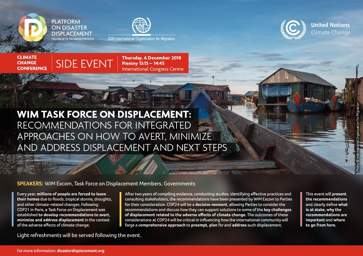 DDisplacement's tweet photo. Looking at the #progress of #human #mobility under the #UNFCCC. @atle_solberg describing the recommendations on integrated approaches to #AvertMinimizeAddress #displacement related to the adverse effects of #ClimateChange. Want to learn more? #WIM Excom side event 6 Dec @COP24 https://t.co/AovoSgV1m4