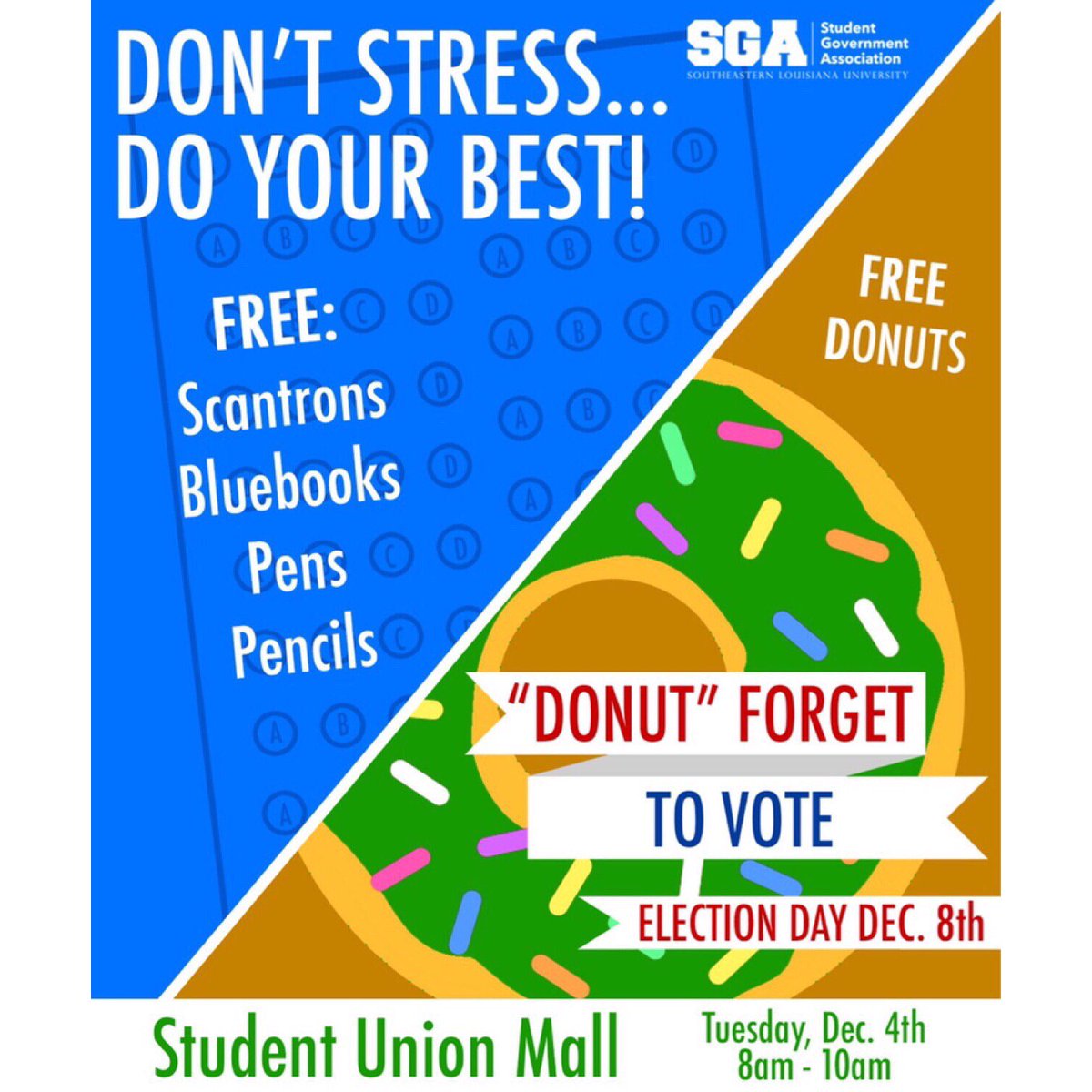 Stop by the student union breezeway and enjoy some free donuts and other goodies to get ready for finals! Also, don’t forget to vote! #SGA #FindYourRoar