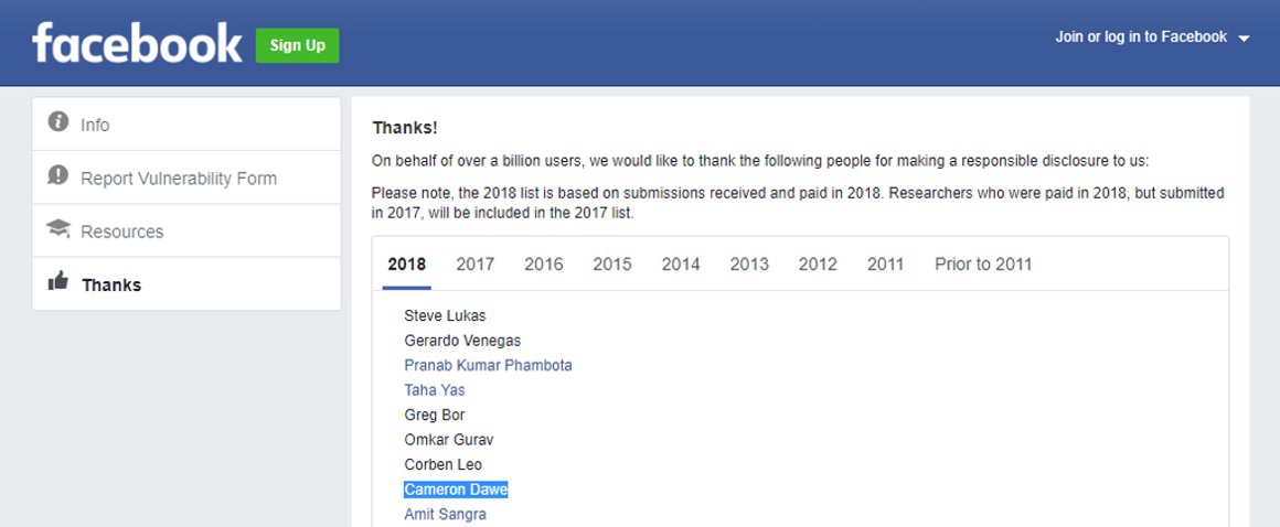 Acknowledged by @facebook for responsibly disclosing a security issue! - facebook.com/whitehat/thank…