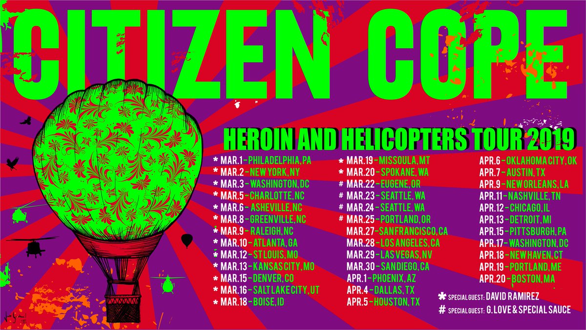 citizencope's tweet photo. 📢I'm hitting the road in 2019 on the 'Heroin and Helicopters' Tour! 
Get Special Fan Club Tickets And Info ➡️ https://t.co/shqpscmofN
#CitizenCope https://t.co/z9OQzzdgRi
