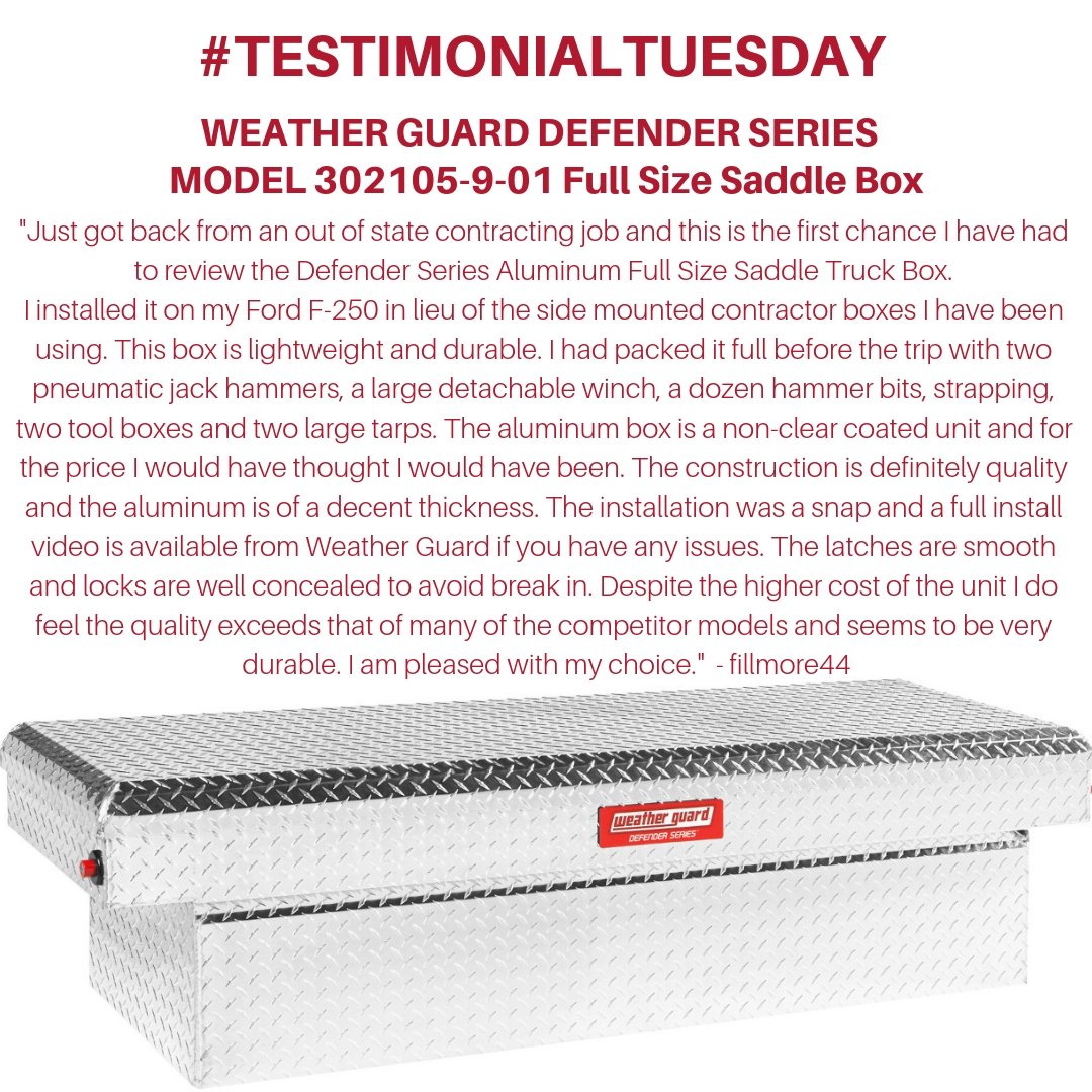 WeatherGuardCA's tweet image. "Just got back from an out of state contracting job and this is the first chance I have had to review the Defender Series Aluminum Full Size Saddle Truck Box. I installed it on my Ford F-250... am pleased with my choice." - fillmore44  #TestimonialTuesday"
ow.ly/tLhv30mORiT