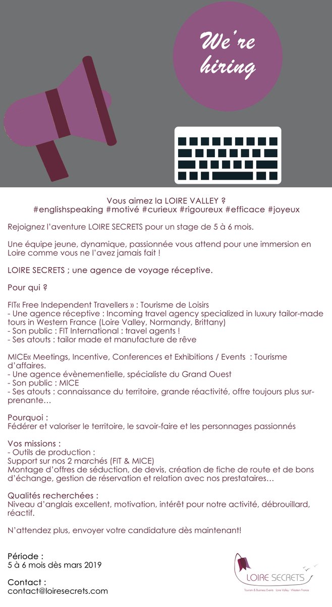 #stagiairewanted chez <a href="/LoireSecrets/">Loire Secrets</a> !