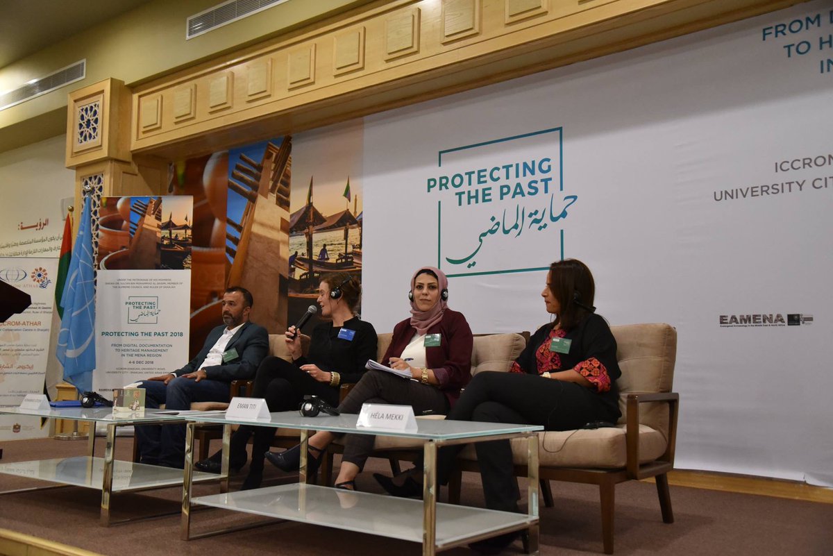 ICCROM_ATHAR's tweet photo. We wrap up our first day with a discussion session with former EAMENA Project
trainees Mohammad Atoom, Eman Titi and Hela Mekki. We resume tomorrow at 9am UAE time (GMT +4) with a session dedicated to cultural heritage donors. #protectingthepast #ptp18 https://t.co/6I16Ub6lSk