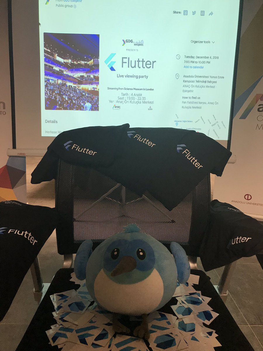 GdgEskisehir's tweet image. Dash, #FlutterLive için yerini aldı. 🐦🐦 Hepinizi bekliyor. 🎉🎉 #flutterio #IamwithDash