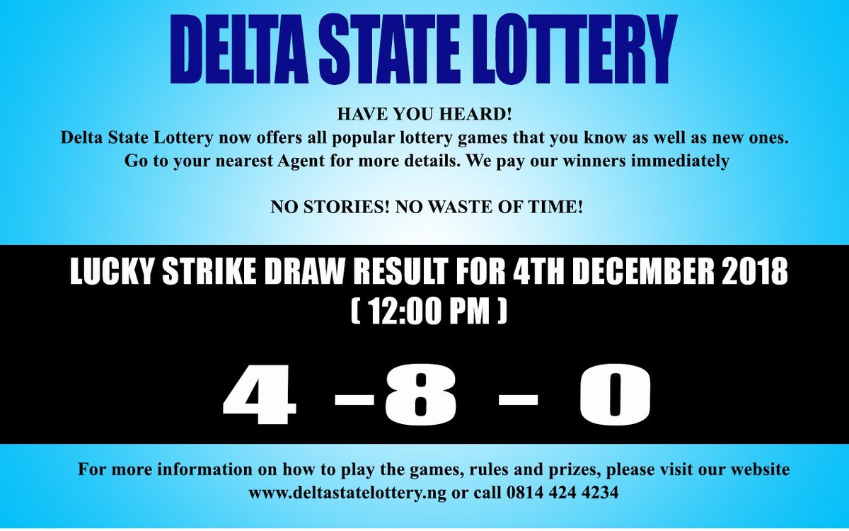 deltastatelotto's tweet photo. LUCKY STRIKE RESULT FOR 4TH DECEMBER 2018:

4 - 8 - 0

WE ARE CURRENTLY RUNNING A PROMO
All you need to do is PLAY with a minimum of ₦200 on a TICKET daily and stand a chance of winning FANTASTIC PRIZES https://t.co/7fVLMDuNBp