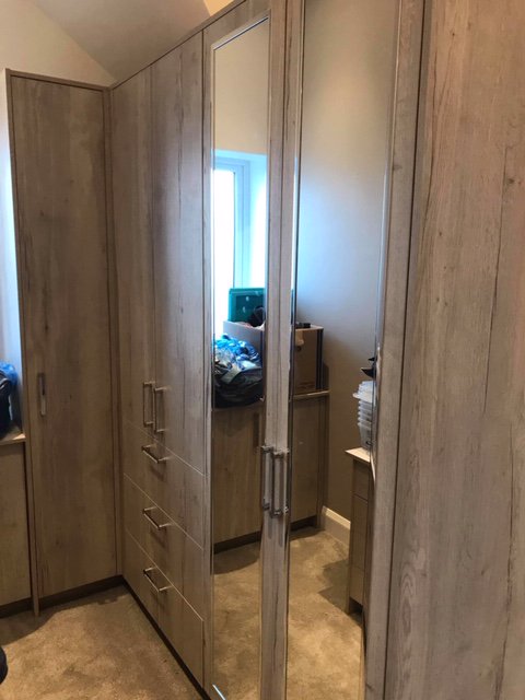 Dressing room wardrobes - Completed with their mirrored doors!
Made in our workshop. 
Halifax oak edged mfc, antaro drawer boxes, furnipart chrome handles. Pull out shoe storage & internal pull out tie rail.