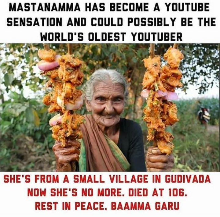 VivekTi81942055's tweet photo. #youtuber #worldoldesr #Mastanamma
World's ooldest youtuber Mastanamma is no more, she was famous for her country food channel and had millions followers on YouTube.

             Rest in peace 🙏🙏 https://t.co/rw1HlRD4nt