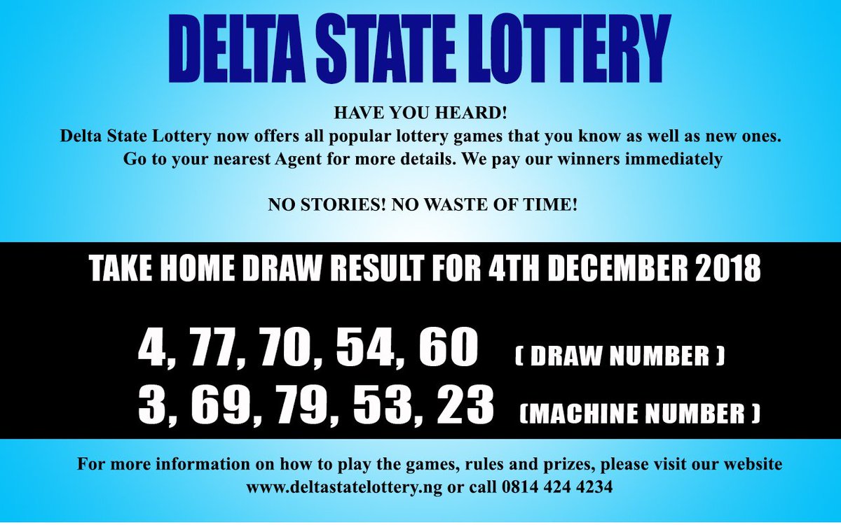 deltastatelotto's tweet photo. TAKE HOME RESULT FOR 4TH DECEMBER 2018:

4, 77, 70, 54, 60   (DRAW NUMBER)
3, 69, 79, 53, 23  (MACHINE NUMBER)

WE ARE CURRENTLY RUNNING A PROMO
All you need to do is PLAY with a minimum of ₦200 on a TICKET daily and stand a chance of winning FANTASTIC PRIZES https://t.co/NKkFhscPej