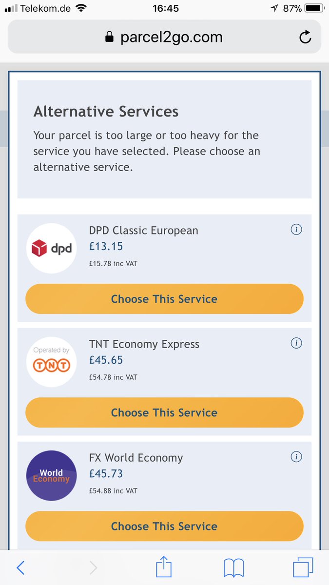 dydhydy's tweet photo. @Parcel2Go Hi I would like to use UPS service to send my parcel from UK to Germany. Box measurement is about 70cmx50cmx50cm which is only 270cm in girth. I don’t know why it keep saying my box is too large? Did I miss something? Cheers :-) https://t.co/Z5gyIWWJWY