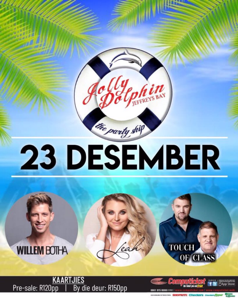 LeahMusiekSA's tweet photo. Een aand, 3 kunstenaars, Jolly Dolphin JEFFREYSBAAI, 23 Des! Boek nou!

Kannie WAG nie, @WillemBotha  en Touch Of Class ons gaan lekker kuier!

👉🏼 https://t.co/ZO0LPaLHai https://t.co/6PF0rQFiuS