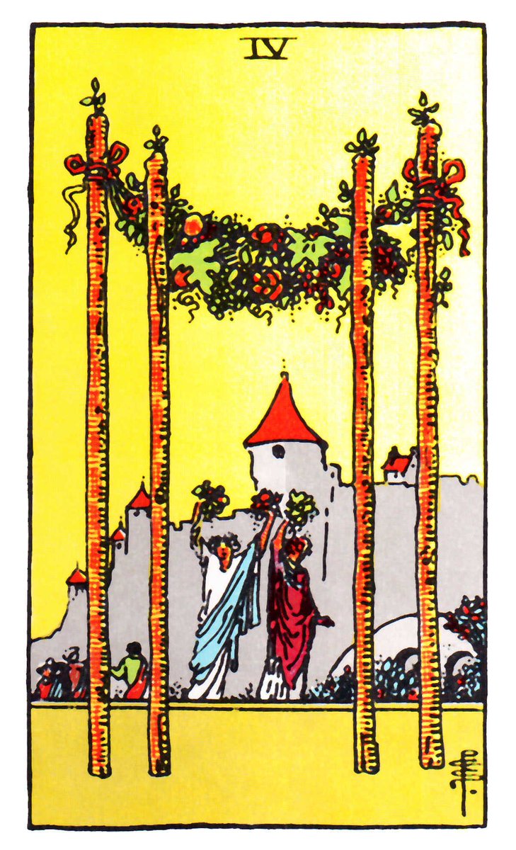 AskPsychicLucy's tweet photo. Meanwhile, the background shows a group standing in front of a large castle, representing the safety and comfort of the home.
Upright Meaning: #Alliances, #Society, #Reward, #DeservedRest, #RuralLife, #Tranquility
#TarotCards #FourOfWands #AskPsychicLucy #AskLucy https://t.co/XCs5ukD0as