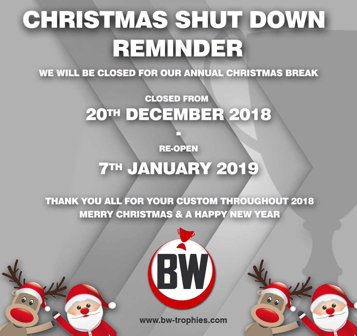 BW Trophies will be closed from the 20th December & Re-Open 7th January #merrychristmas #christmas #trophies #medals