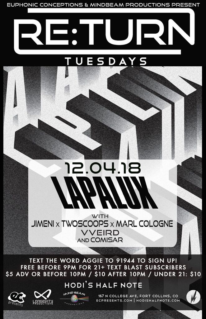 hodis's tweet photo. TONIGHT!
@ECpresents, #LongevityProductions &amp; #MindbeamProductions Present #ReTurnTuesdays ft @Lapalux with #Jimeni x @iamtwoscoops x @marlcologne, #vveird and #Comisar at Hodi's Half Note. See you there!
Tickets: https://t.co/NI5Ye0bHfE https://t.co/pFyLhZgvQ1