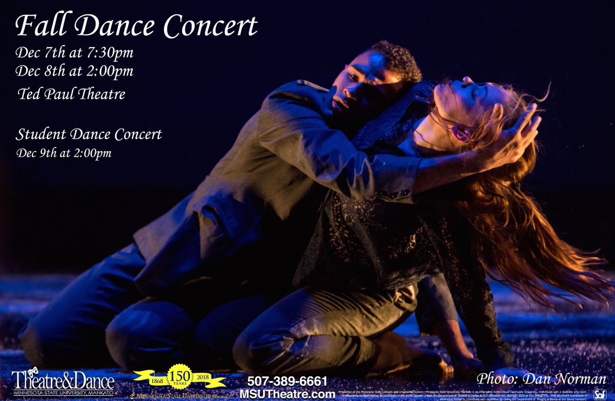 HAPPENING THIS WEEKEND!  The <a href="/msutheatre/">MNSU Mankato Theatre & Dance</a> Dept Fall Dance Concert will feature diverse works choreographed by faculty, students and guest artists.  The program will include ballet, tap, modern and jazz. Tickets at buff.ly/2SjNBqk!