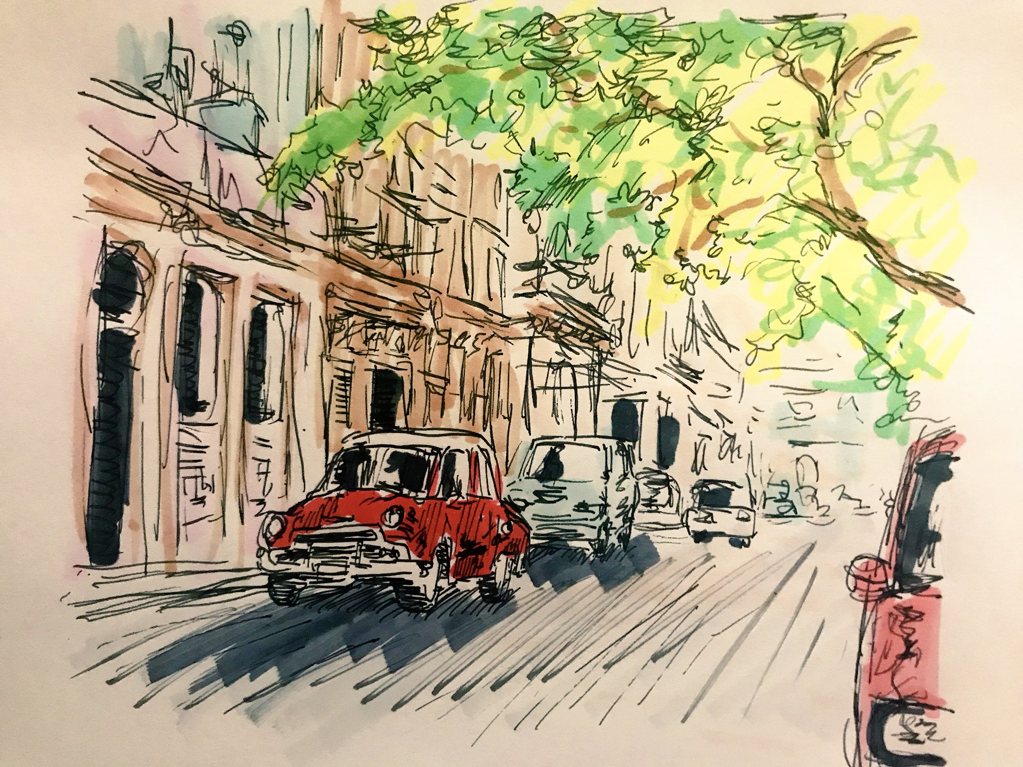 やんわりよっしー ざっくり風景 フリー素材写真を模写 キューバらしい クラッシックカーが普通に街中走っててイカス 雑に描いてヘタウマぽさを出したかったが ただ単に雑になっただけになってしまった ཀ 30分
