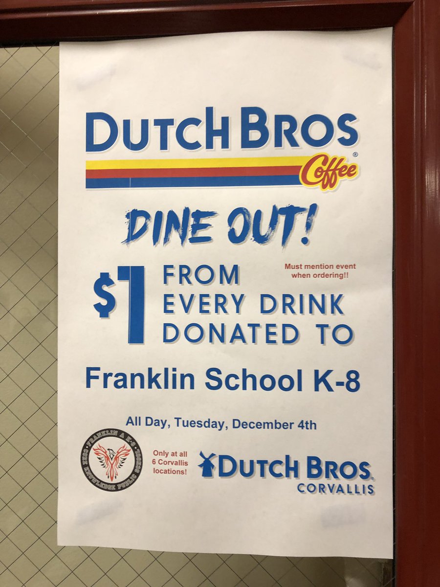 Jason Young (@thatjasonyoung) on Twitter photo When you go to <a href="/CorvallisDB/">Dutch Bros Corvallis</a> Dutch Bros. today. Please mention Franklin School's fundraiser! Every time you do the school gets $1. Today only!!! When you go to <a href="/CorvallisDB/">Dutch Bros Corvallis</a> Dutch Bros. today. Please mention Franklin School's fundraiser! Every time you do the school gets $1. Today only!!!