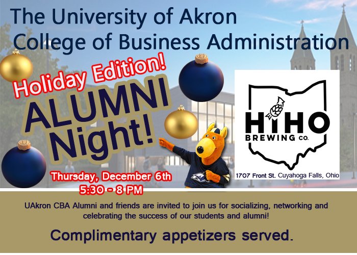 Did you miss @akronCBA’s first alumni night back in September? You’re in luck! The CBA is hosting a second alumni night this Thursday at HiHo Brewing Co. from 5:30-8pm! We hope to see you there!