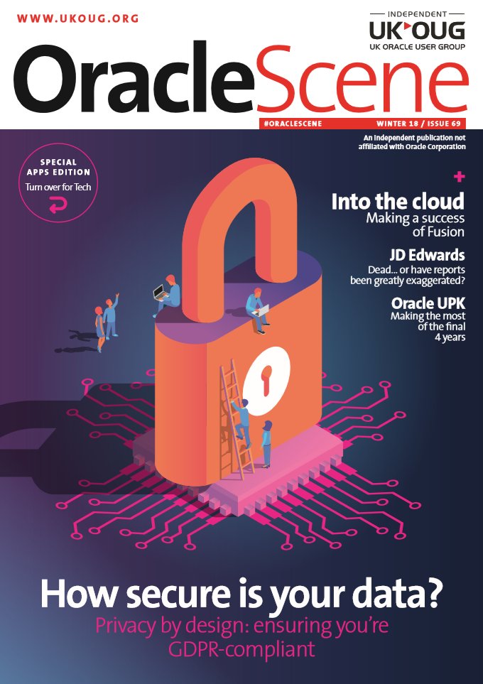UKOUG's tweet image. Make sure you pick up your copy of #OracleScene at #ukoug_apps18 #ukoug_tech18 #ukoug_jde18 on your way to the Exhibition Hall - this special reversible edition features both Applications and Technology content from some fantastic authors