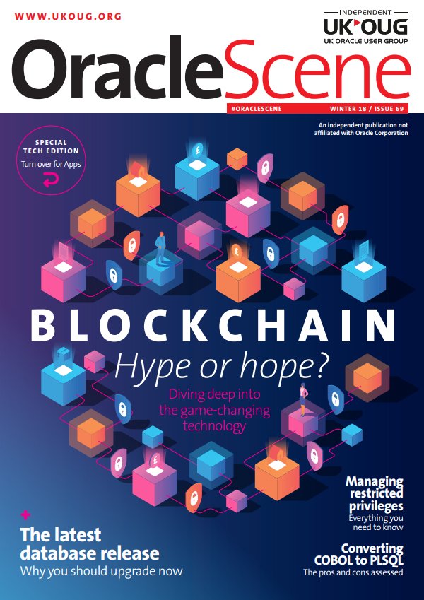 UKOUG's tweet image. Make sure you pick up your copy of #OracleScene at #ukoug_apps18 #ukoug_tech18 #ukoug_jde18 on your way to the Exhibition Hall - this special reversible edition features both Applications and Technology content from some fantastic authors