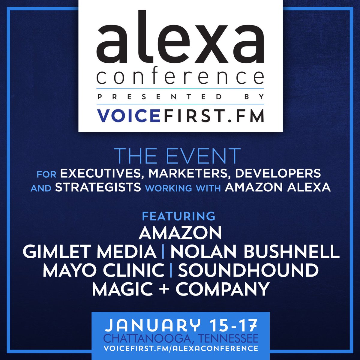ProjectVoiceAI's tweet photo. The Alexa Conference
Jan 15-17
Chattanooga, TN (home of the fastest internet in the US!)
Info: https://t.co/27GFfdc9wH
Tix: https://t.co/rFBNRIUih1
#VoiceFirst #AmazonAlexa #Alexa #AlexaDevs #IoT #SmartCities #AmazonEcho #Amazon #Storytelling #Healthcare #Marketing #SmartHome https://t.co/B9BEFceebS