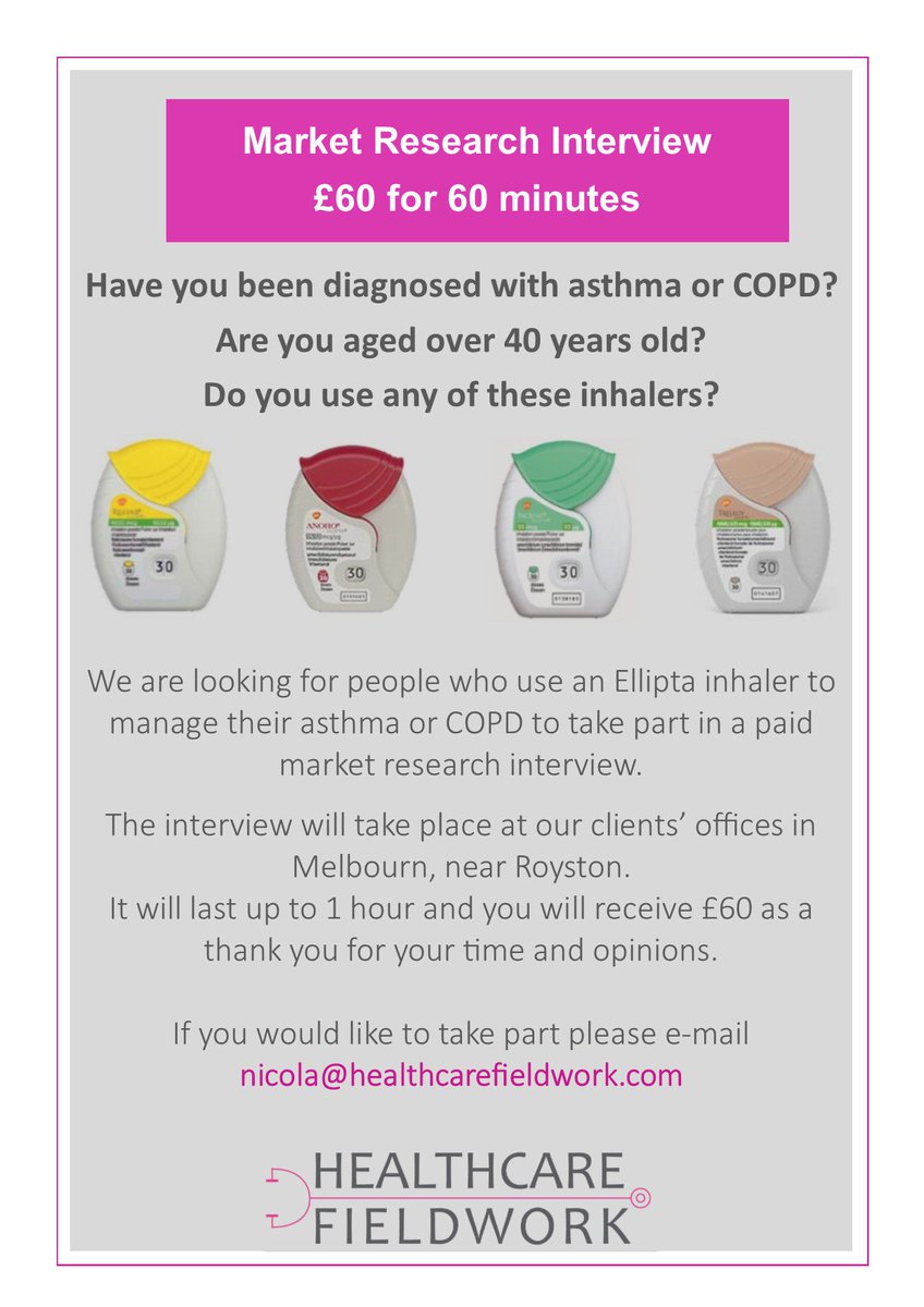 MediVRecruit's tweet photo. Do you have #asthma or #COPD and use an #Ellipta #inhaler?
If yes, then we need to speak to YOU! https://t.co/5bsOX8RsCS