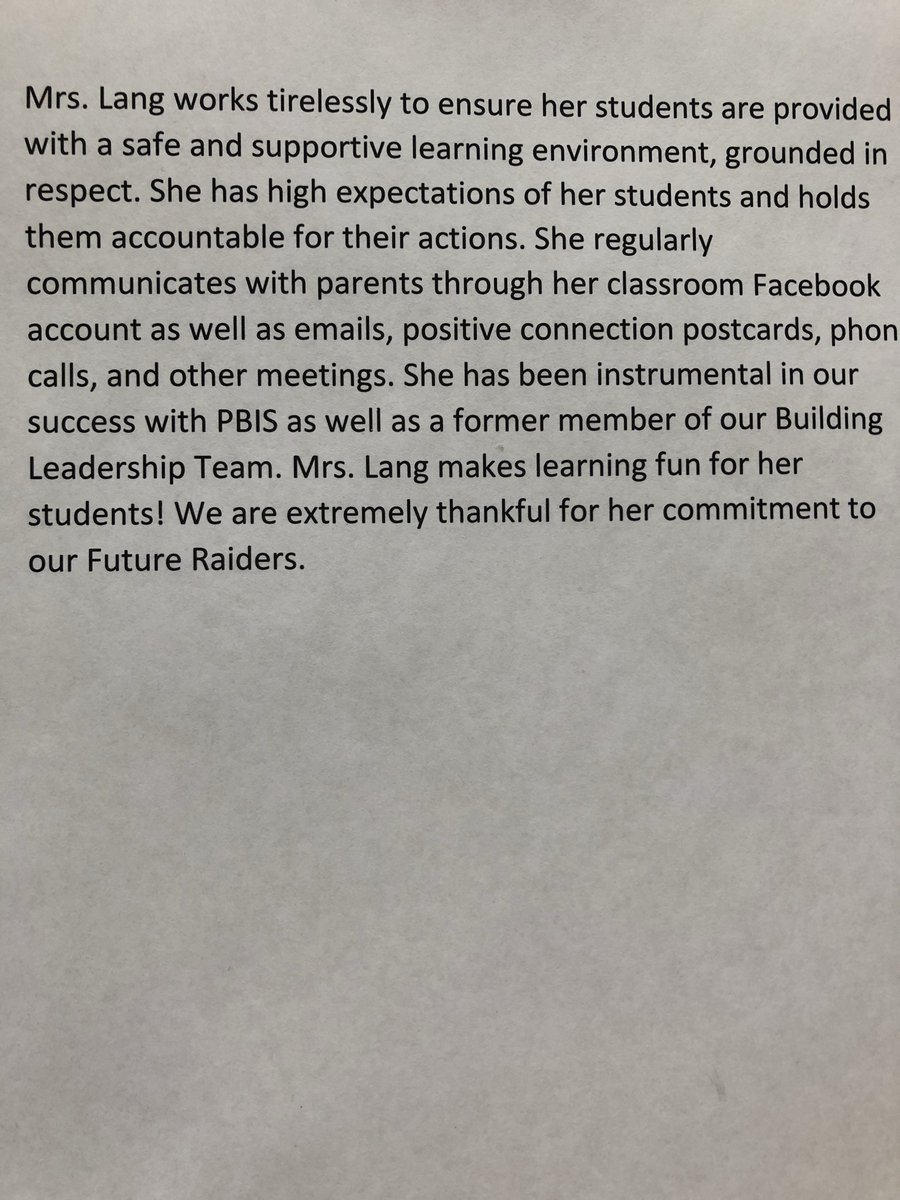 Congratulations to our Nodland Staff Member of the Month, Mrs. Lang! Please join me in congratulating her!