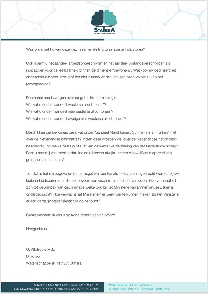 wi_statera's tweet photo. Zojuist heeft Statera vragen gesteld aan @MinBZK over het hanteren van etniciteit, gezinssamenstelling en het hebben van een baan als indicatoren voor het beoordelen van de leefbaarheid van wijken, buurten en steden. #leefbaarometer https://t.co/JRWFPSXk9h