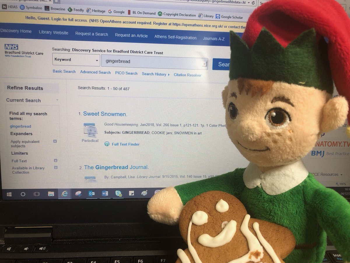 beckylibrary's tweet photo. Today in #elfpromotion at @BDCFT library we are promoting Discovery. You can find all of the library collections through Discovery - our #elfonthelibraryshelf is looking for gingerbread! Ask library staff for more info 😊 https://t.co/y9VUaYxspI