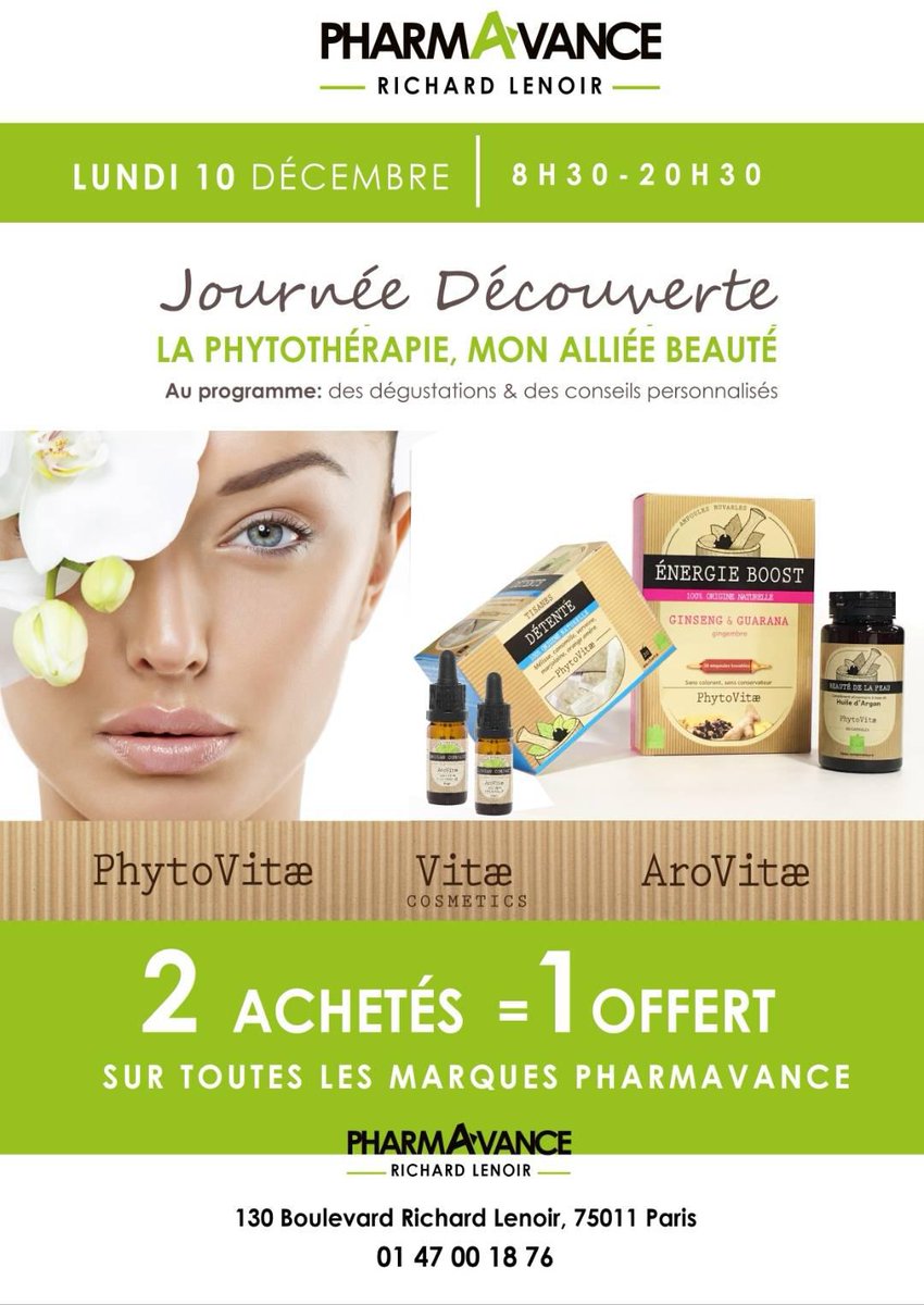 PharmavanceL's tweet photo. Venez découvrir les bienfaits de la phytothérapie, votre alliée pour l'hiver, lors d'une journée spéciale.
#pharmavancerichardlenoir #pharmavance #phytotherapie #plantes #sesoigneraunaturel #aromatherapie #beaute #nature #journeespeciale #animation https://t.co/jnzAeIyMSD