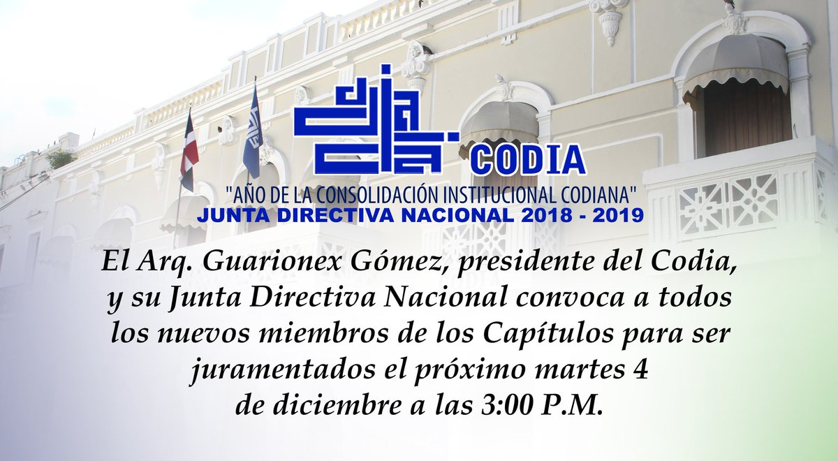 CodiaCentral's tweet photo. #CodiaInforma #CodiaJuramenta
Les recordamos que el Arq. @gomdis, Pte. del #CodiaRD y su Junta Directiva Nacional 2018-2019, convoca a todos los nuevos miembros de los Capítulos para ser juramentados, hoy martes 4 de diciembre, a las 3:00 P.M., en la sede central. https://t.co/zN11pVS1nu