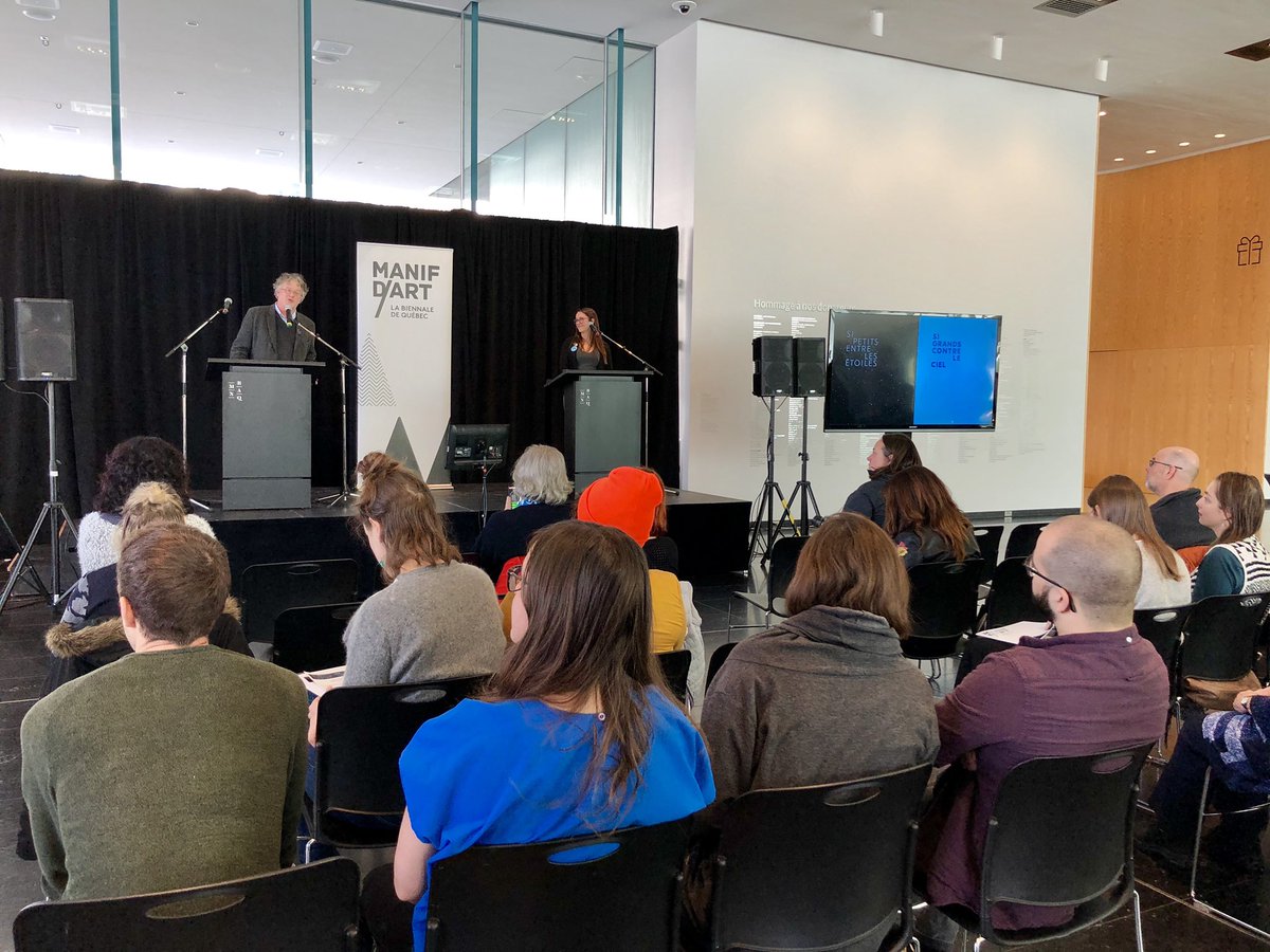mnbaq's tweet image. Jonathan Watkins, commissaire international de @manifdart, remercie les partenaires de l’événement! @regiondequebec @villequebec @Conseilartscan @MCCQuebec @LeCALQ @Patrimoinecdn @lg2_tweets @RadioCanadaInfo @CoopMeduse @Quebec_UK @simons #mnbaq #manifdart